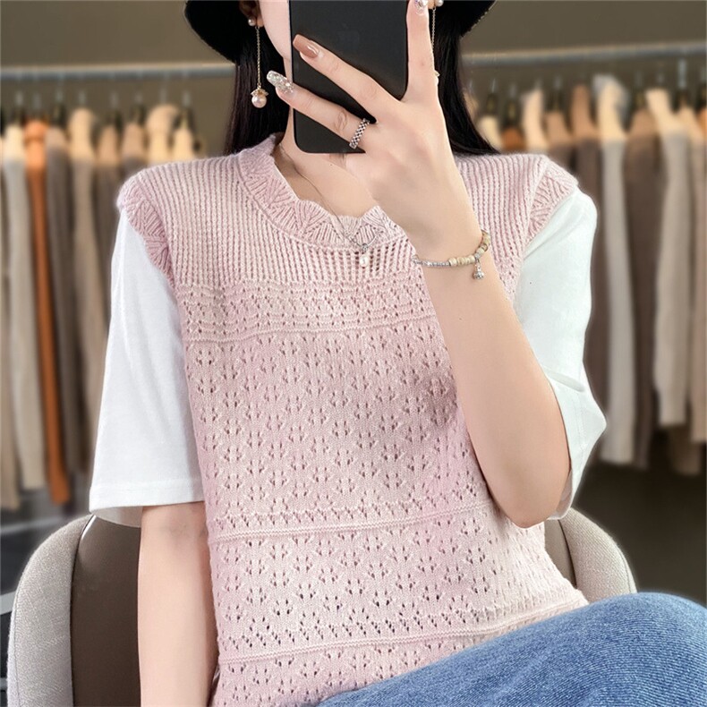 新款女装短袖针织衫优雅百搭舒适透气,女装马甲,暖姿羊绒