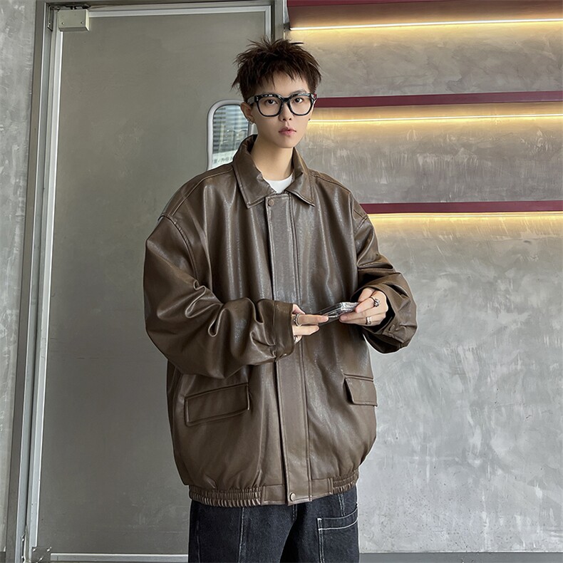 美式复古PU皮衣秋季潮牌翻领机车服痞帅工装皮衣,男装皮衣,星座410-7