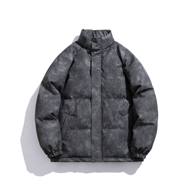 白底立领PU皮复古做旧钢印字母图案设计棉衣男MY77735P130控178，男装棉衣，星座227-7