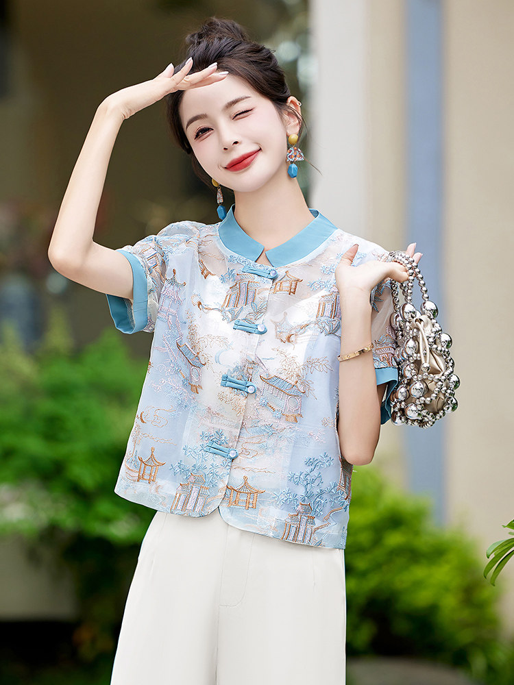 现货新中式盘扣刺绣防晒衣女夏2025新款气质立领唐装短袖薄款上衣,女装防晒衣,美静678