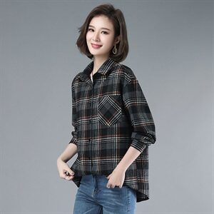 2021年春季自主图常规韩版长袖格子衬衫女磨毛衬衣外套图片
