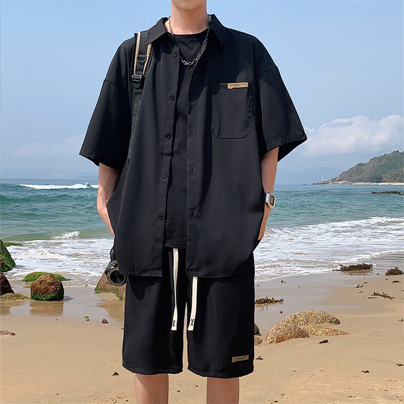 特批P50无差价夏宽松短袖衬衫短裤男垂坠感薄款运动休闲套装TZ053,男装休闲套装,电商A001-1