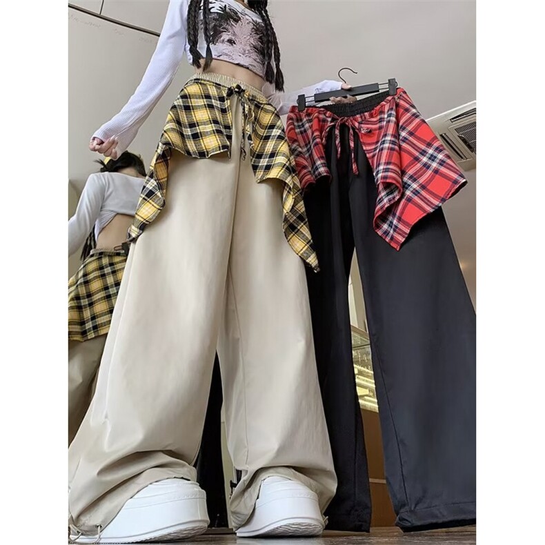 秋款男女休闲裤格子飘带装饰抽绳束脚中性风长裤H0638 P45图片