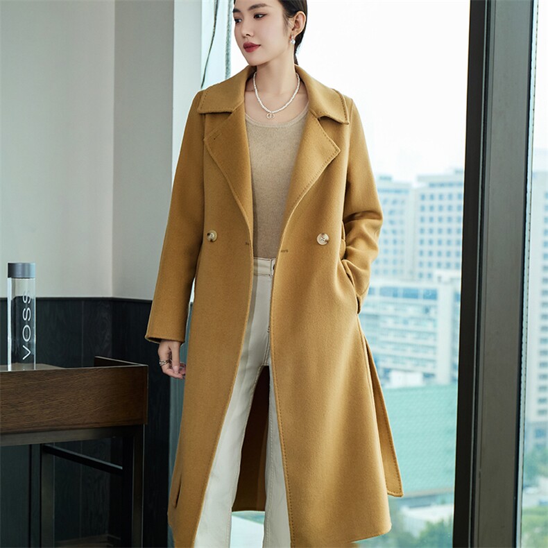 时尚百搭秋冬新款羊毛女士双面呢大衣显瘦气质长款外套,女装双面呢大衣,岳达羊绒
