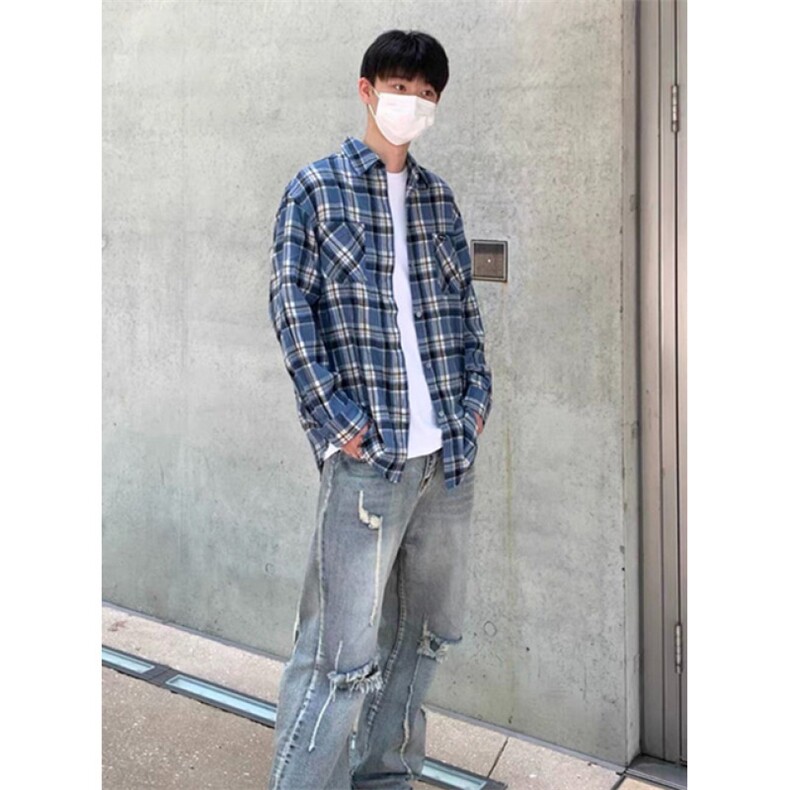 蓝色长袖格子衬衫男女生宽松百搭复古休闲慵懒感衬衣外套CS301,男装衬衫,星座1116A（原606A-3）