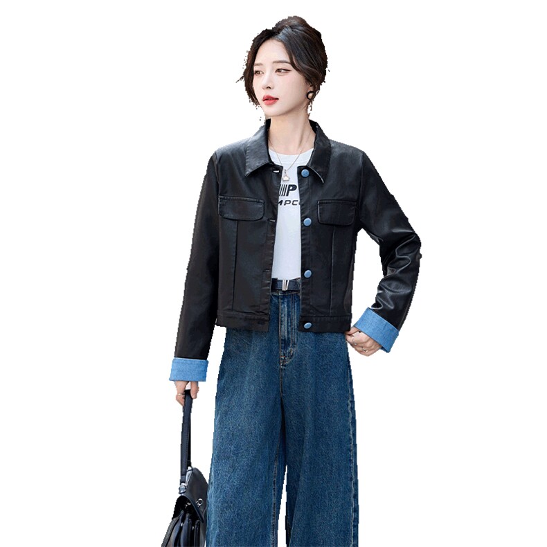 时尚翻领PU皮夹克外套女2025年春秋新款休闲百搭短款上衣,女装皮衣,潮流依族