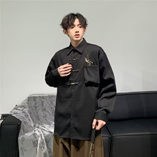 竹子刺绣金属扣衬衫男春夏新中式风kimono道袍潮流宽松长袖外套，男装衬衫，星座601-2