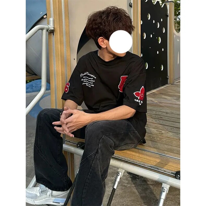 美式高街刺绣字母t恤男装2025新款潮牌夏季宽松情侣款短袖上衣,男装T恤,星座1210-1