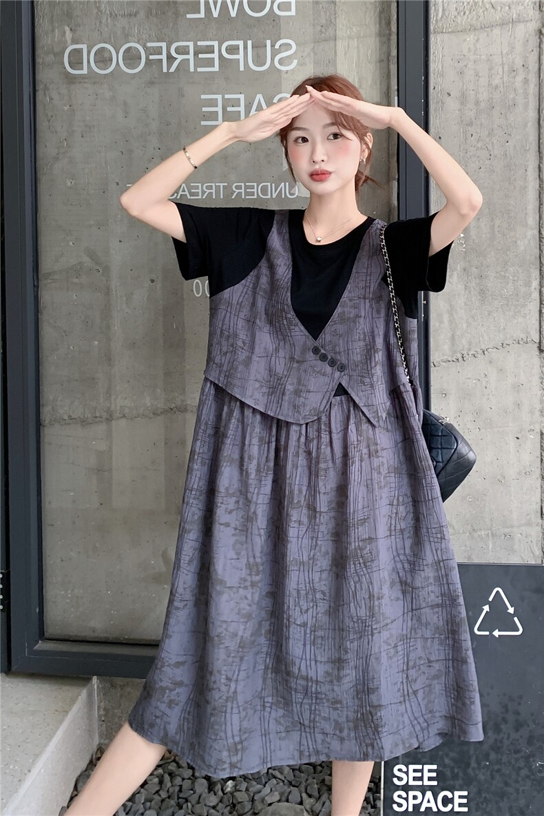 韩版假两件拼接显瘦连衣裙女2025夏季新款超好看休闲宽松通勤长裙,女装连衣裙,2C236