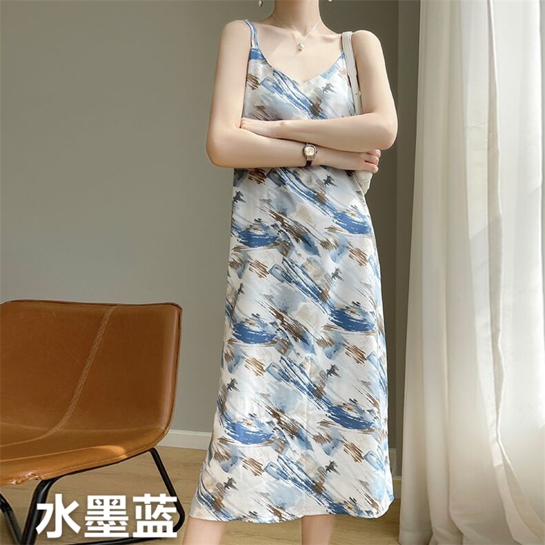 夏季高级吊带连衣裙女西装内搭无袖V领醋酸缎面长款打底背心长裙,女装连衣裙,思沃羊绒