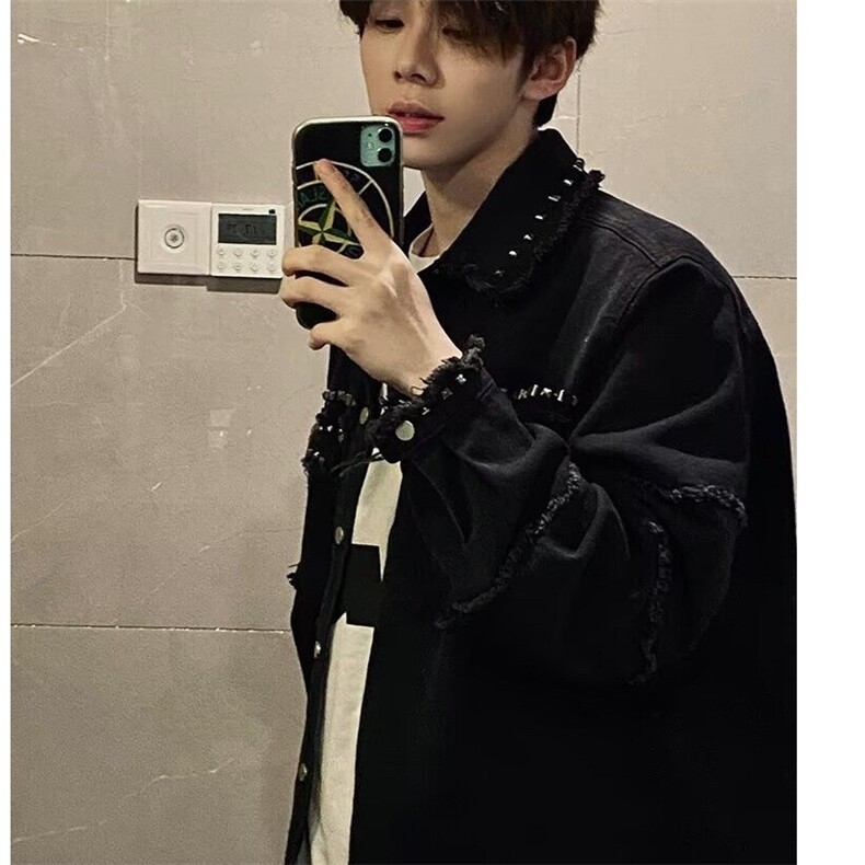 毛边牛仔外套男款铆钉工装夹克cleanfit美式牛仔衣褂子 JB205图片