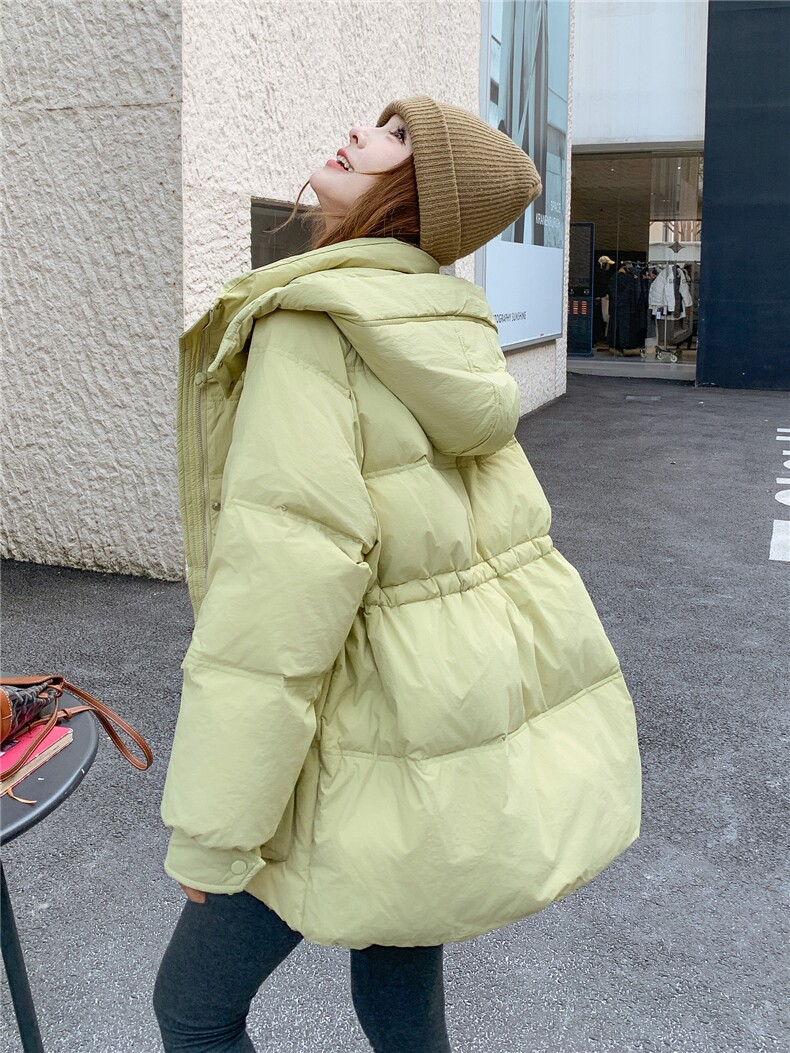 现货【90%白鸭绒】冬季新款宽松休闲立领连帽新g标90中长款羽绒服,女装羽绒服,韩然一族