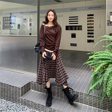【新品现货】露肩长袖T恤格纹半身裙两件套装5103-P155-K228，女装套装/套裙，2C126