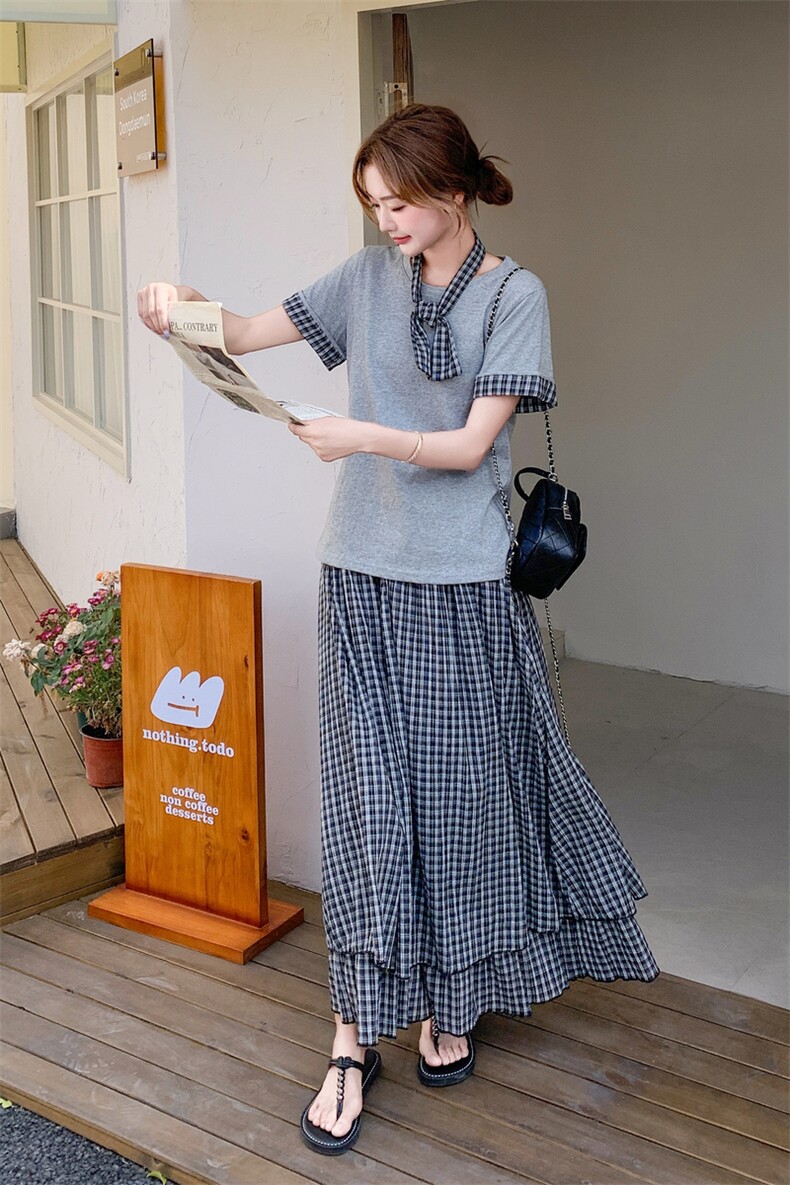 :夏装新款拼接格子T恤＋格子半身裙套装裙2C135-8818P145K208,女装套装/套裙,2C135