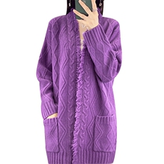 中长款100%纯羊毛开衫外套女V领流苏针织毛衣宽松慵懒羊绒衫上衣，女装羊毛衫，隆格羊绒