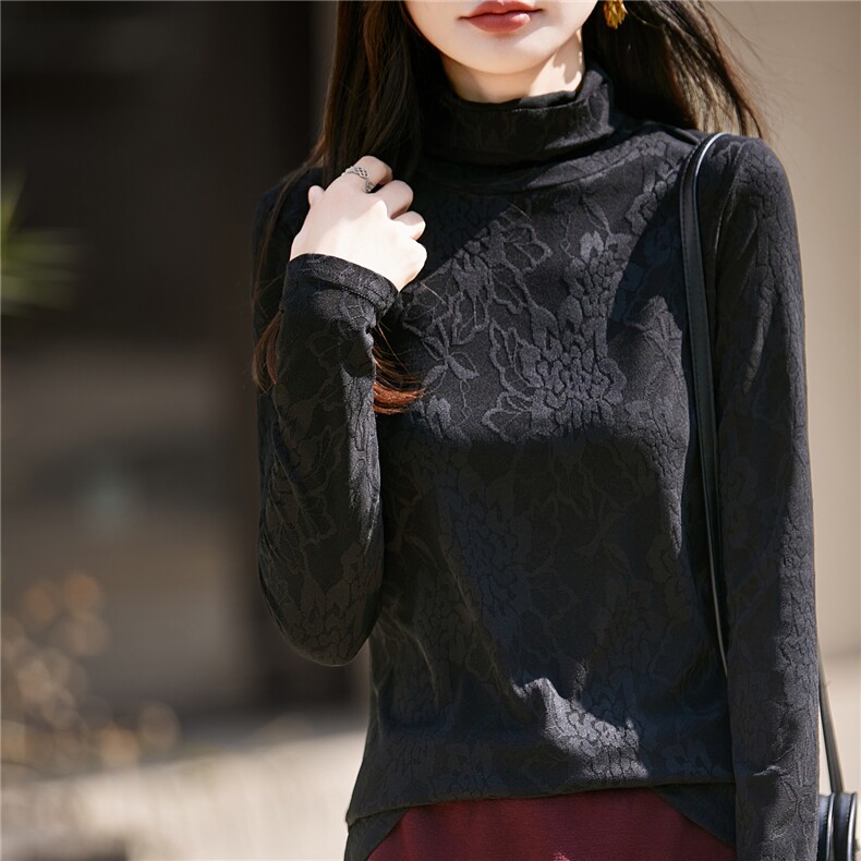 2025年秋季新款堆领立体提花针织打底衫时尚休闲通勤百搭,针织衫/毛衣,圣丽羊绒