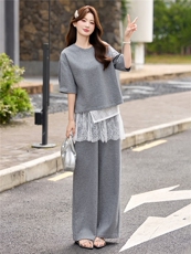 2026年夏季新款休闲圆领T屁帘阔腿裤三件套装，女装套装/套裙，艾仟回(原伊仟回)