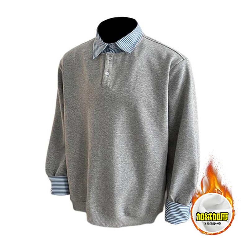 重磅加绒硬挺boxy男女美式高街假两件衬衫领长袖卫衣POLO领打底衫，男装T恤，电商A486-1