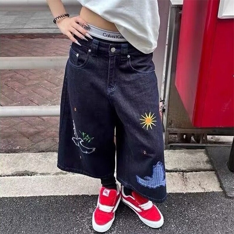 V097-P40原宿趣味刺绣高街设计牛仔裤美式短裤,男装牛仔裤,星座911-1