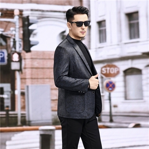 春秋款男士绵羊皮西服真皮休闲外套中年男装百搭通勤夹克蓝絮纹图片