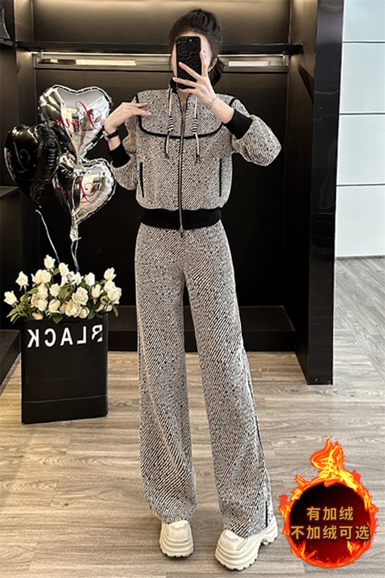 显瘦加绒时尚开衫卫衣阔腿裤两件套潮,女装套装/套裙,江南