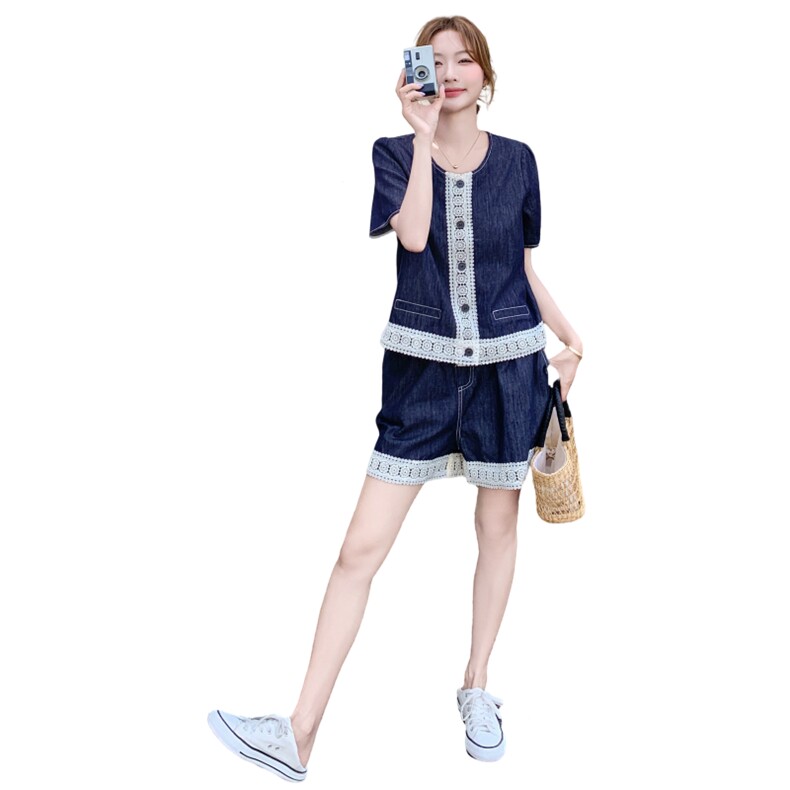 蕾丝拼接牛仔上衣短裤套装女夏2025新款小个子两件套爆款洋气显瘦,女装套装/套裙,浪娴服饰