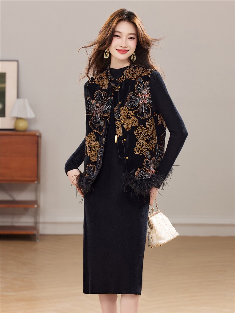冬季新款重工小立领新中式立体花卉刺绣加棉真毛马甲两件套裙女,女装套装/套裙,宝儿家