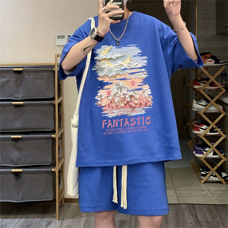 电商DSA028-TZDTHP846P45夏季华夫格套装男T恤短裤两件套港风,男装牛仔裤,电商A028