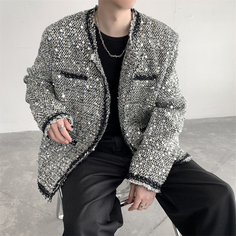小香风短款无领夹克外套男夜店舞台亮片垫肩西服JK223P135,男装夹克,星座512-1（原513-3）