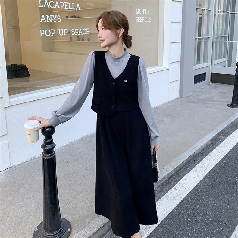 黑色法式假两件拼接连衣裙女2025秋季新款气质显瘦轻熟风a字长裙,女装连衣裙,2D112