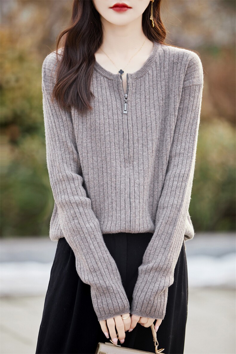 拉链领纯色羊毛衫女2024秋冬新款修身显瘦百搭短款低领,女装短外套,蒙特羊绒