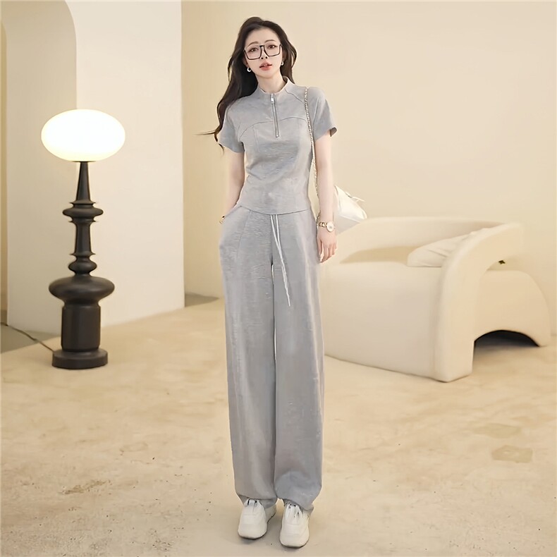 韩版时尚休闲套装女夏季新款高级感立领半开拉链上衣阔腿裤两件套,女装套装/套裙,江南