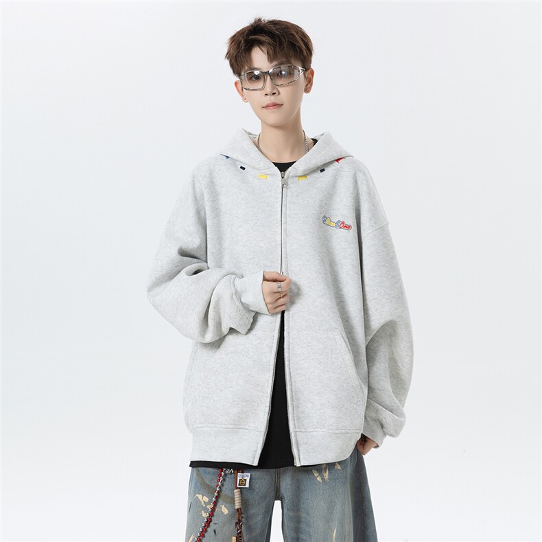 春季450克重磅加厚砂洗做旧双头拉链开衫刺绣连帽卫衣特P78控118，男装卫衣，电商A422-1