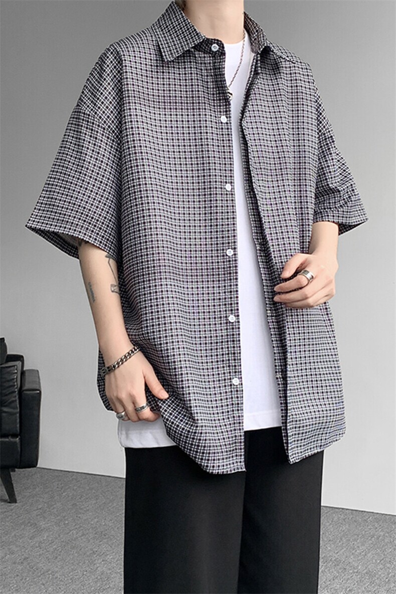 8XL-M短袖衬衫男夏宽松慵懒风痞帅条纹格子衫半袖外套DC28005P40,男装衬衫,电商B312