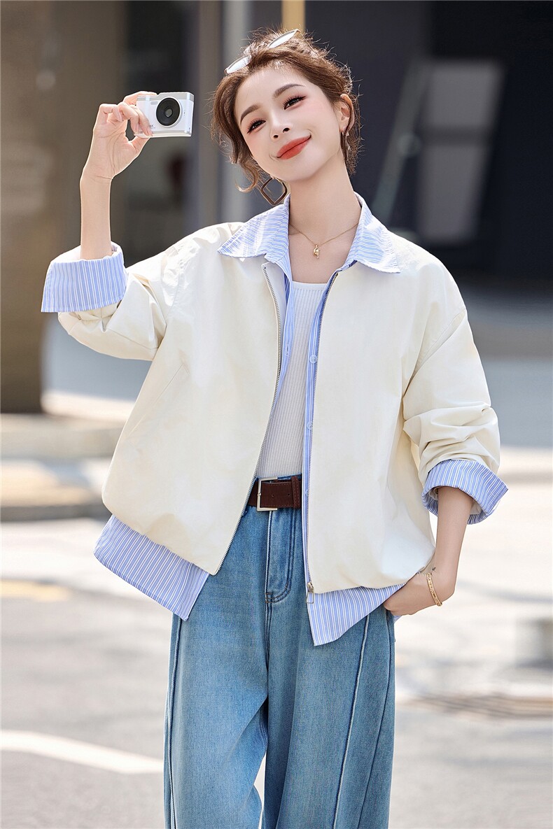 时尚条纹拼接假两件短外套女春季新款设计感减龄夹克风衣上衣,女装短外套,秀美人生