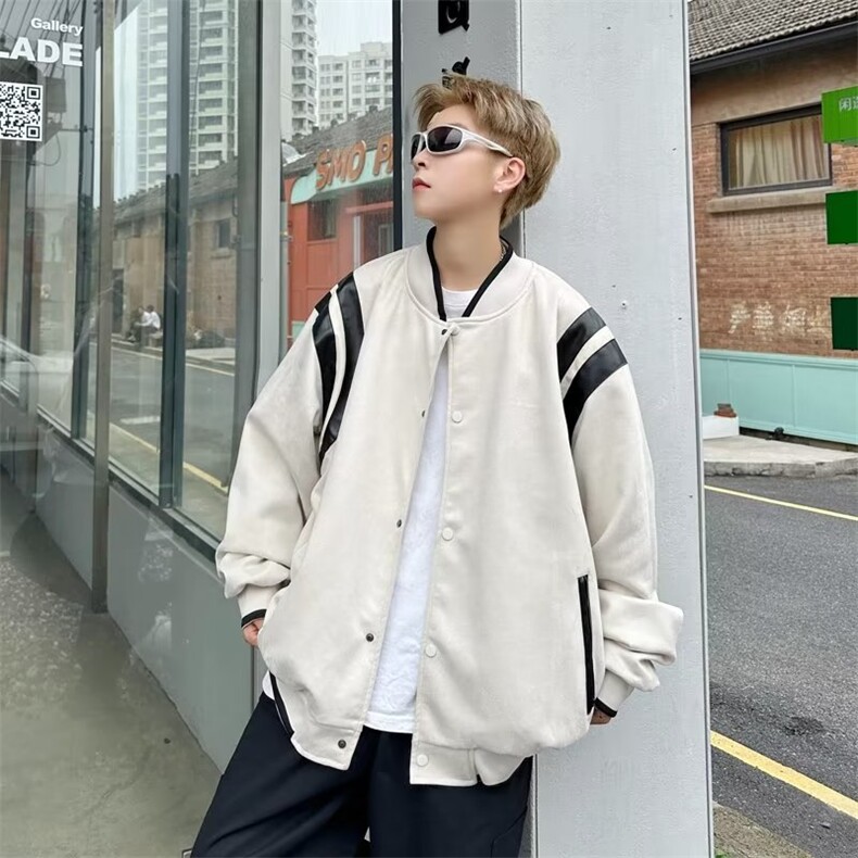 港风街头麂皮绒棒球服外套男美式秋冬夹克休闲拼色上衣W5287-P60,男装夹克,星座412-2