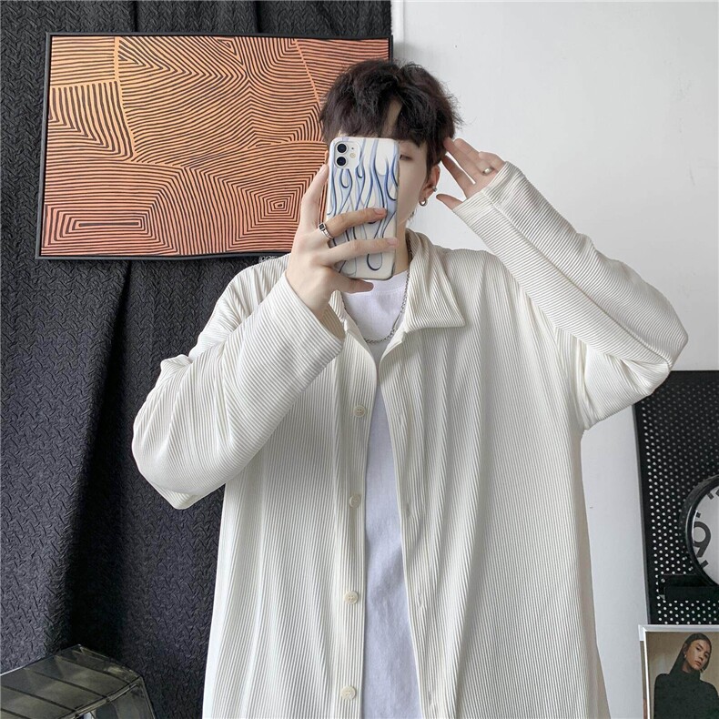 春夏中性港风褶皱纯色宽松长袖衬衫日系男女休闲薄外套H208/P55,男装衬衫,电商A221A