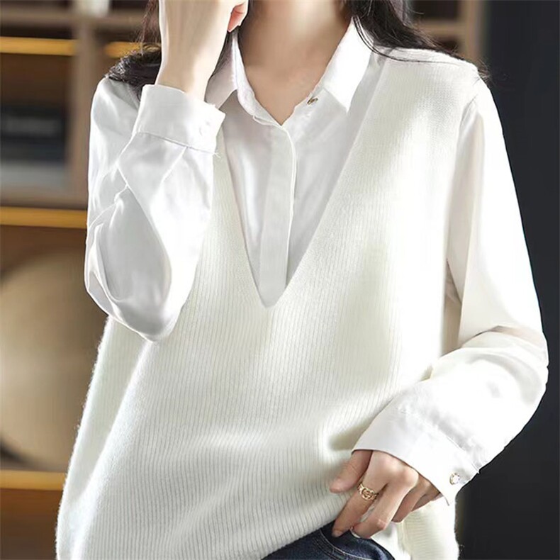 深V领套头针织马甲无袖坎肩女2024春秋新款宽松保暖外套针织背心,女装马甲,萱芳婷羊绒
