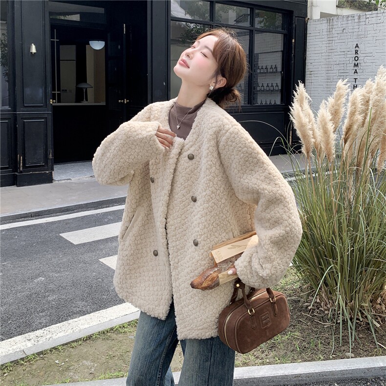 杏色气质淡人毛毛外套女2025冬季宽松温柔风气质颗粒绒羊羔毛外套图片