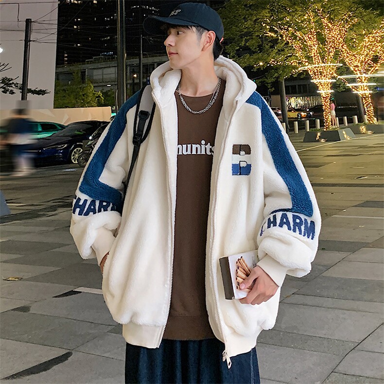 冬装加绒加厚拼接棉衣毛巾绣羊羔绒连帽外套男女 919-P110控价158图片