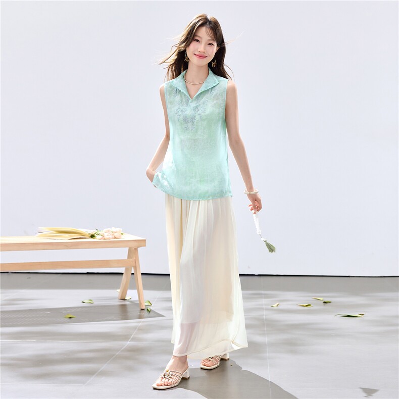 夏季新款现货！2026洋气时尚百搭款刺绣上衣+琉璃亮光阔腿裤套装,女装套装/套裙,宝儿家