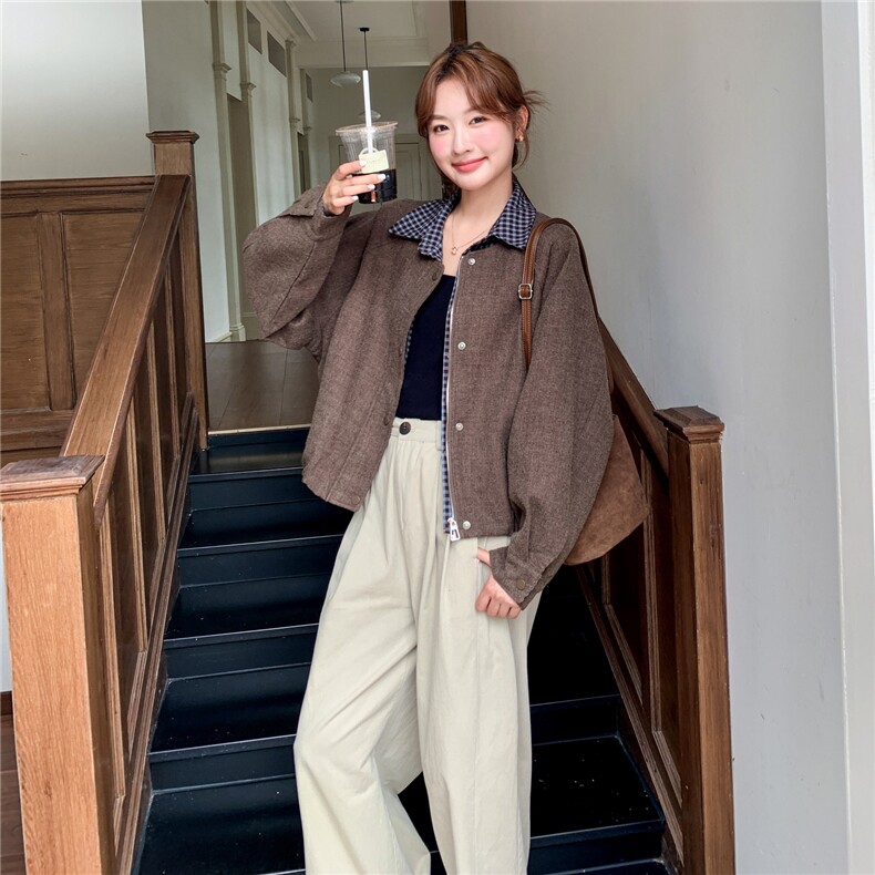 假两件拼接格纹拼接咖色毛呢外套女秋冬2025新款小个子巨好看上衣,女装短外套,2C205