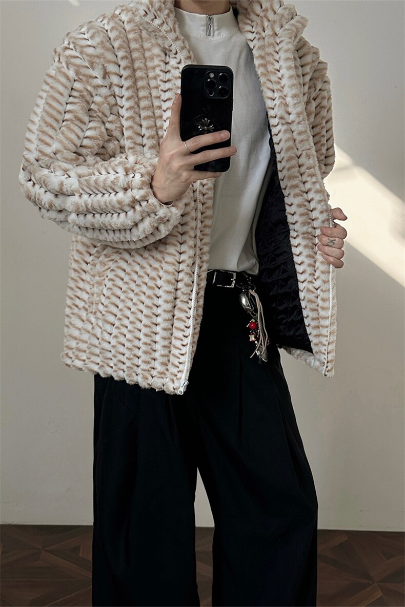 冬季男士棉服兔毛条纹绒虎皮纹宽松加绒加厚外套棉衣特p95,男装棉衣,电商B319