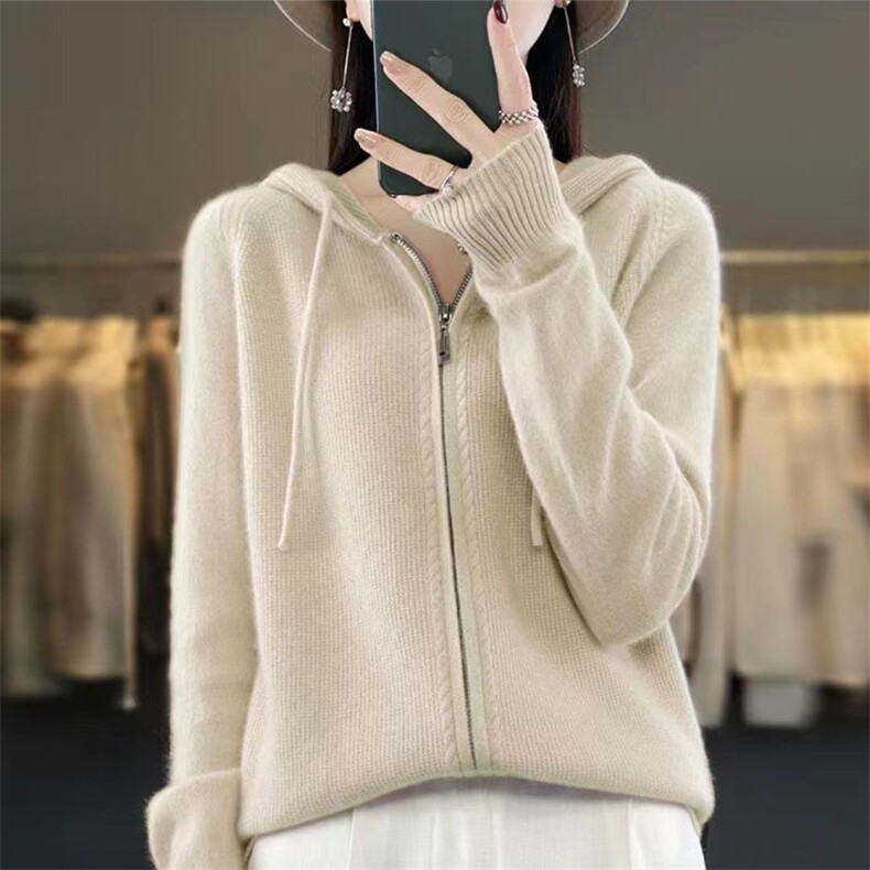 双拉链休闲连帽100纯羊毛开衫女宽松外套春秋绿色针织衫羊绒帽衫,针织衫/毛衣,萱芳婷羊绒