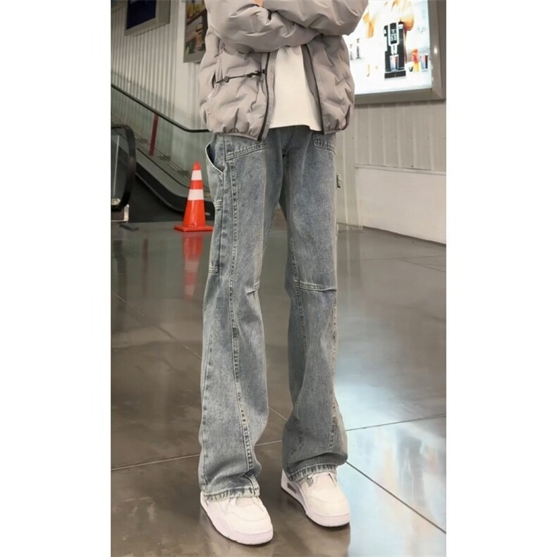 现货cleanfit褶皱水洗弯刀牛仔裤男款直筒微喇裤子加长窄版工装裤,男装牛仔裤,星座302B