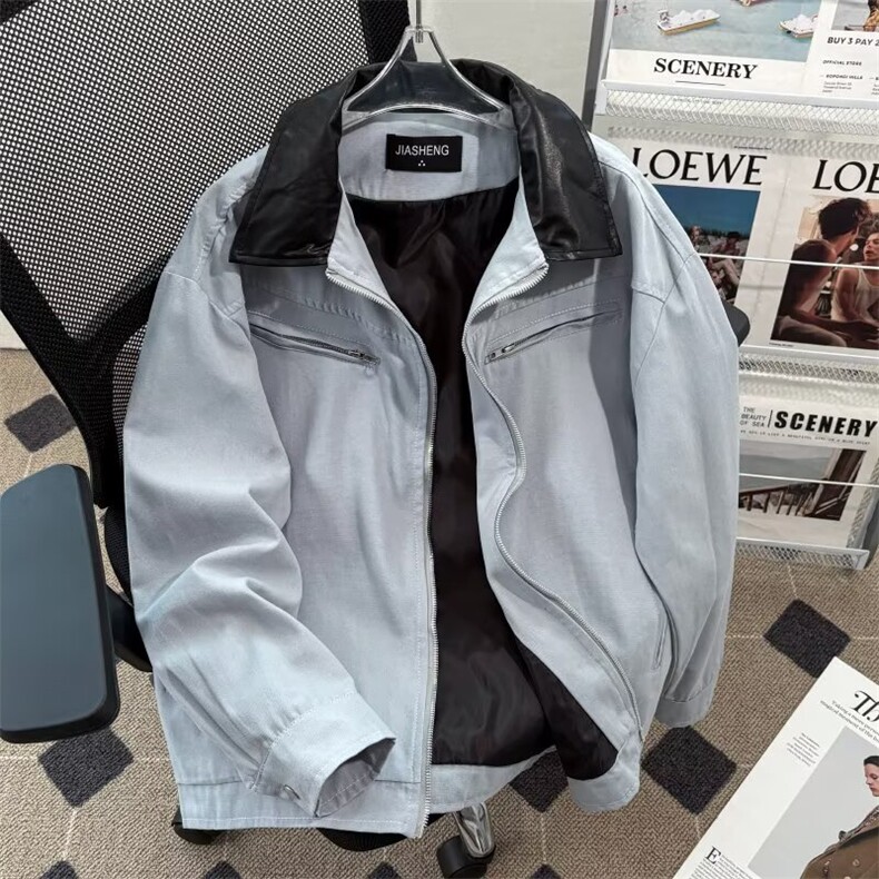 拼接翻领工装外套男款水洗夹克小众高级感垫肩棒球服百搭7712 P75图片