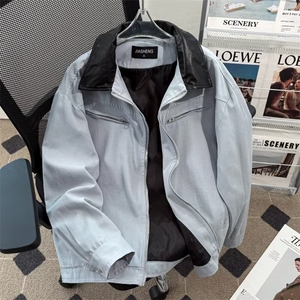 拼接翻领工装外套男款水洗夹克小众高级感垫肩棒球服百搭7712 P75图片