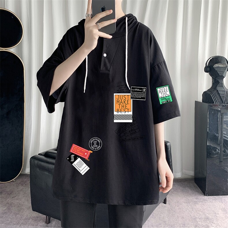 LD54121-P45连帽短袖t恤男大码胖子带帽五分袖中袖,男装T恤,电商A040