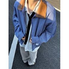 XZ1005-1-TTH0065-批88-设计感格子拼接皮翻领垫肩夹克外套，男装夹克，星座1005-1