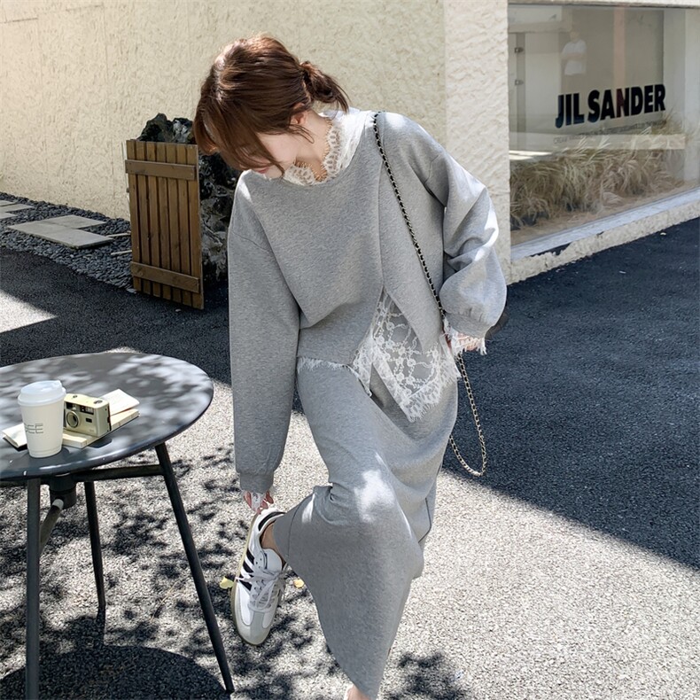韩系运动休闲套装女2025秋季新款时尚蕾丝上衣卫衣半身裙三件套图片